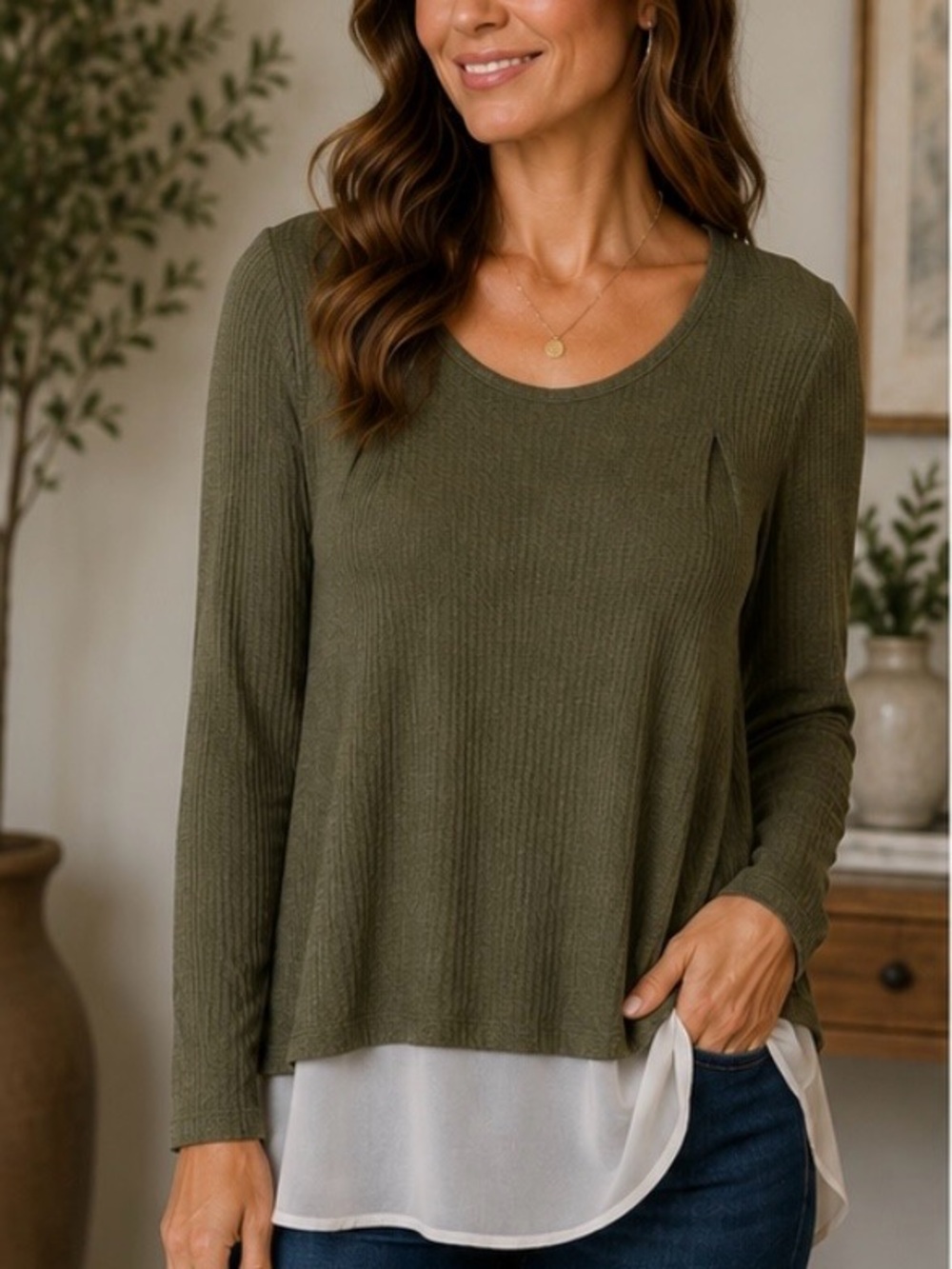 NWT Altar'd State Olive Long Sleeve Layered Waffle Top